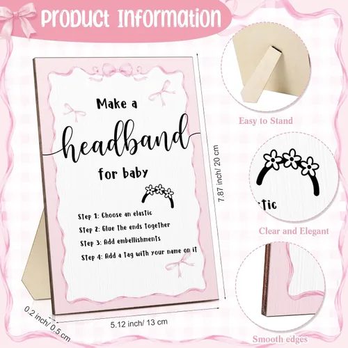 Miniatura 2 de Geosar Kit de diadema para baby shower, incluye letrero de madera con 60 cintas elásticas de flores bonitas, 10 telas redondas con cinta