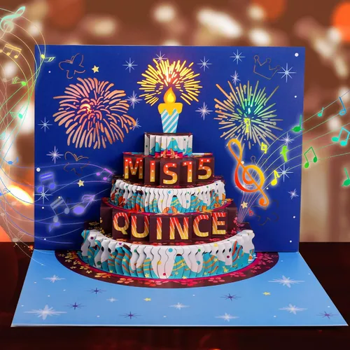 Rotel Tarjeta de quinceañera, luz de pastel emergente y música, tarjeta de feliz cumpleaños 15 para regalos de quinceañera, tarjetas para