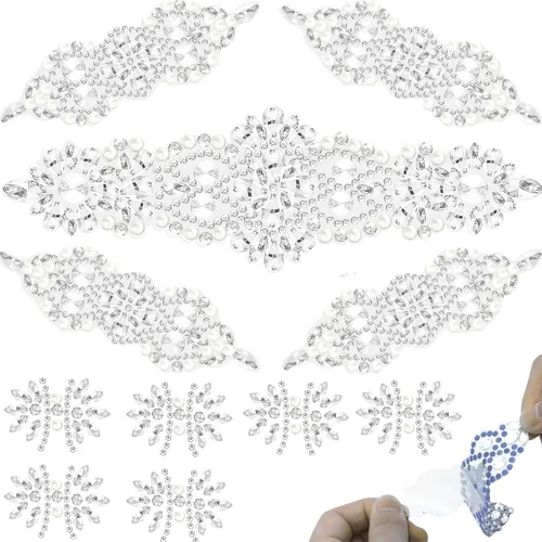 PEARLY JUN 11 piezas de parches de diamantes de imitación plateados con diamantes de imitación de perlas, apliques para planchar para vestidos,