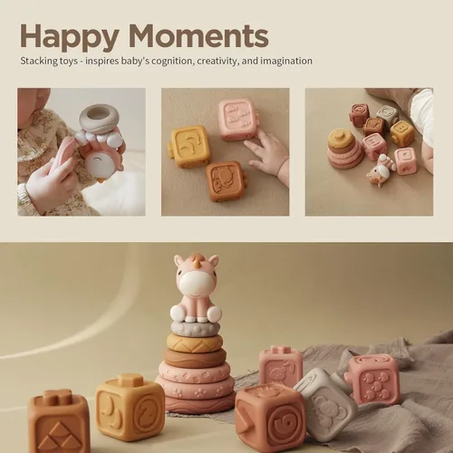 Miniatura 3 de Nueplay Juguetes Apilables Suaves para Bebés Niñas, Set de 12 Piezas de Anillos Suaves y Bloques de Formas con Adorno de Unicornio — Juguetes