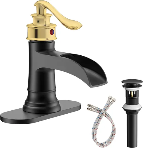 Miniatura 10 de Homevacious Grifo de lavabo de baño con cascada, monocontrol, negro mate y níquel cepillado, grifo mezclador para lavamanos, un orificio, palanca