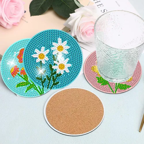 Miniatura 6 de DOTZSO Juego de 8 posavasos de arte de diamante con soporte, kits de arte de diamantes para adultos principiantes, pequeños posavasos de pintura