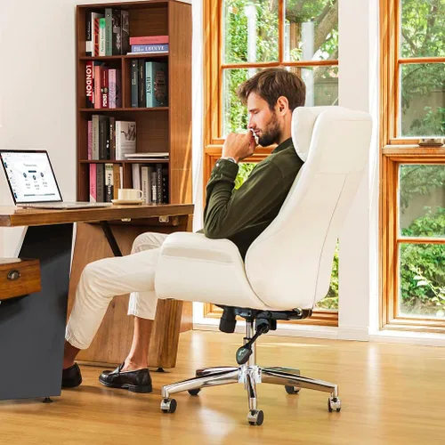 Miniatura 3 de Glitzhome Silla ejecutiva moderna de oficina para el hogar con respaldo alto - Silla de escritorio giratoria ajustable de cuero con apoyabrazos Crema