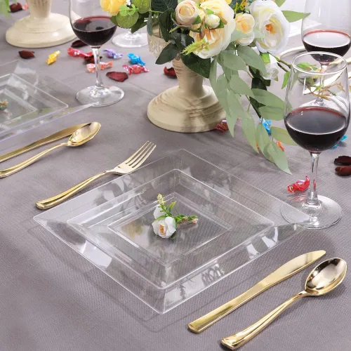 Miniatura 8 de WDF 60 platos de plástico transparente, platos cuadrados desechables para postre/ensalada, plato de plástico de 7 pulgadas para aperitivos de boda