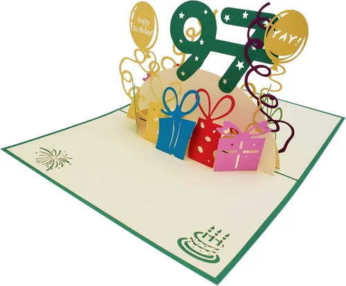 Miniatura 5 de iGifts And Cards Tarjeta desplegable 3D de cumpleaños 97, regalos coloridos y celebración de hitos de globos, saludo sincero para personas mayores