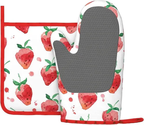 Manoplas de horno de fresa, juegos de soportes para ollas de fresa, almohadillas calientes resistentes a la cocina con guantes de barbacoa