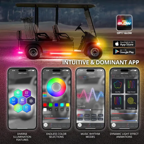 Miniatura 2 de OPT7 Aura DreamColor - Kit de luz LED para carrito de golf de 12 V con aplicación y control remoto, 4 tiras de luz multicolor impermeables