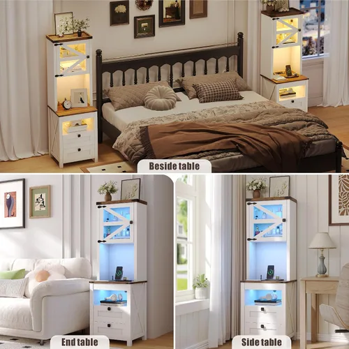 Miniatura 7 de HWB Mesita de noche alta con estación de carga y luces LED, mesita de noche de estilo granja con cajón para armas y estante ajustable, mesa de noche