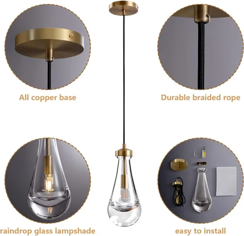 Miniatura 6 de Lámpara colgante moderna, diseño de gota de lluvia, lámpara de techo de cristal para interiores, 5 pies de profundidad x 12.5 pies de alto, latón