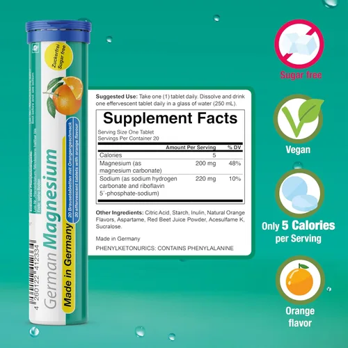 Miniatura 3 de Suplemento alemán de óxido de magnesio Tabletas efervescentes Sabor naranja – 200 mg de magnesio por porción Sin azúcar, vegano – T&D Pharma