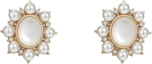 Aretes ovalados de piedra lunar con flor de luna, aretes de flor de perla dorada, aretes vintage ovalados con piedras preciosas, aretes de piedra