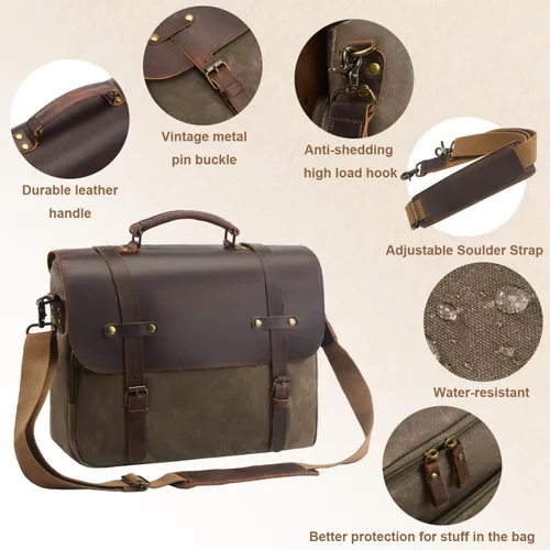 Miniatura 4 de Bolsa de mensajero para hombre, de lona encerada, maletín para laptop de 15.6 pulgadas, estilo vintage, de cuero, impermeable, para la escuela