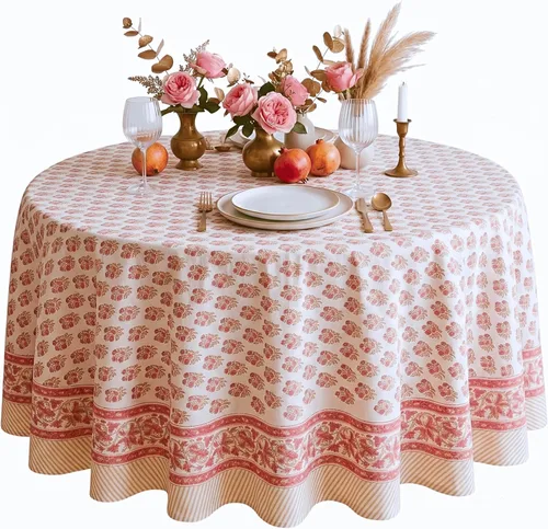 Miniatura 13 de ATOSII Amalfi - Mantel redondo de verano 100% algodón, estampado en bloques, para comedor, bodas, exteriores, fiestas, I Grand Millenial Farmhouse