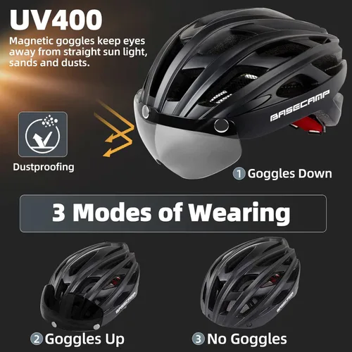 Miniatura 2 de Casco de bicicleta Basecamp con luz trasera y gafas magnéticas desmontables, casco ligero para ciclismo ajustable para hombres y mujeres en montaña
