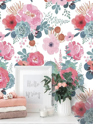 Miniatura 9 de HAOKHOME - Papel pintado floral para despegar y pegar, acuarela, cactus, blanco/rosa/verde/azul marino, vinilo autoadhesivo, papel de contacto