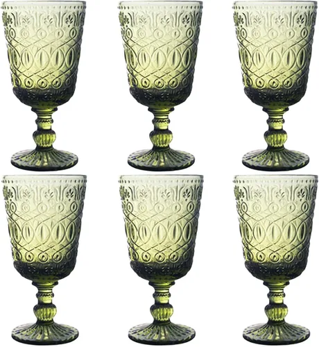 Taganov Juego de 6 vasos verdes para beber, copas de vino tinto de 10 onzas, vasos de agua de bebida de colores, cristalería vintage para bodas,