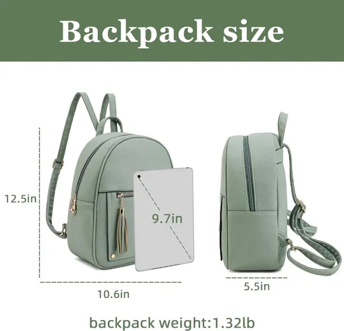 Miniatura 5 de Mini mochila antirrobo para mujer, bonita mochila escolar para adolescentes y niñas con cremallera segura y borla, forro polar verde con licencia