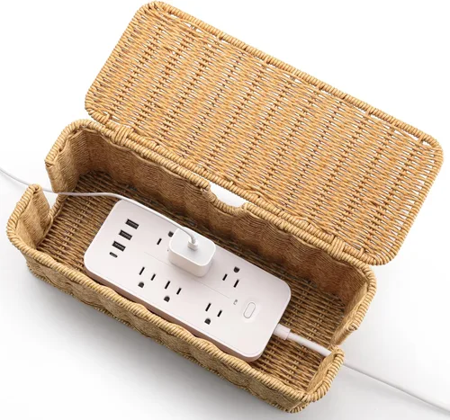 Miniatura 6 de Caja de Gestión de Cables Hecha a Mano Marrón, Organizador de Cables de Ratán de Imitación Caja Ocultadora de Cables, Caja Organizadora de Cables