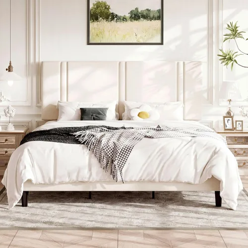 Miniatura 15 de Allewie Marco de cama de plataforma de tamaño matrimonial con cabecera ajustable, tapizado de terciopelo de felpa, canal vertical acolchonado, Negro