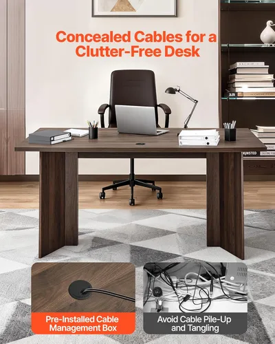 Miniatura 6 de VEVOR Escritorio ejecutivo de 63 pulgadas, mesa de oficina rectangular grande y moderna, mesa ejecutiva de madera resistente con orificio de Nogal
