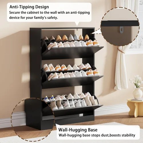 Miniatura 5 de Armario de almacenamiento de zapatos, organizador de zapatos de madera para entrada con 3 cajones abatibles, zapatero independiente con estante Negro
