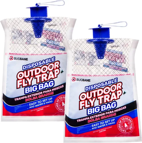 Trampas para moscas para exteriores para patio. 2 bolsas grandes no tóxicas para moscas precebadas desechables al aire libre. Grandes atrapadores