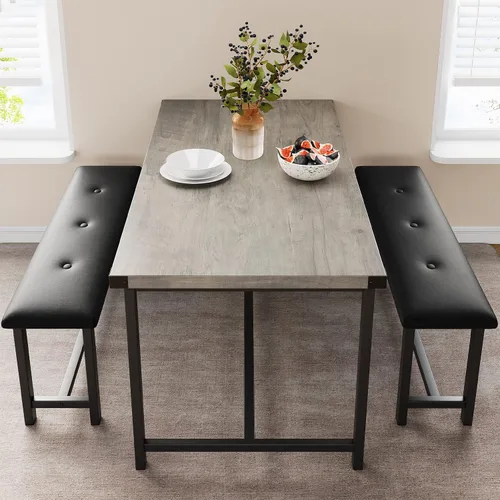 Miniatura 5 de Juego de mesa de comedor IDEALHOUSE para 4, mesa de cocina con banco tapizado, juego de mesa de comedor rectangular de 3 piezas con 2 bancos