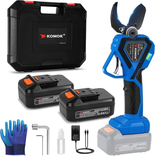 KOMOK Tijeras de podar eléctricas inalámbricas profesionales, herramientas inteligentes para huerto, 2 baterías recargables de 2 Ah, podadora de