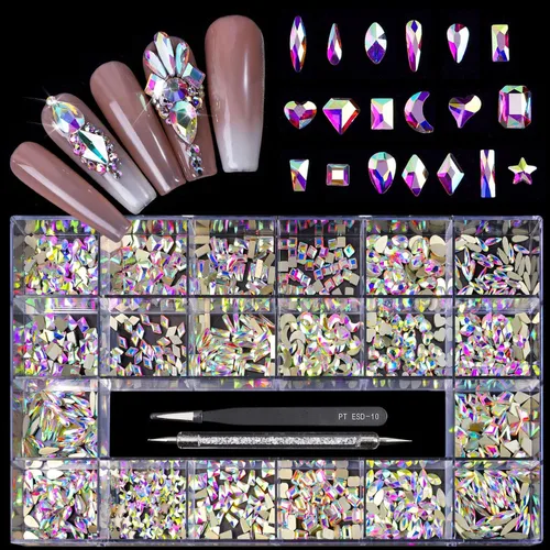 Yzzseven 20 tipos de 1000 diamantes AB de cristal mezclados con parte trasera plana, manualidades, cristales de diamantes de imitación, decoraciones