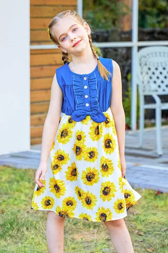 Miniatura 2 de Enlifety - Vestidos de princesas para niñas pequeñas, sin mangas, blusa de mezclilla y faldas de tutú con estampado floral, vestido de verano de una