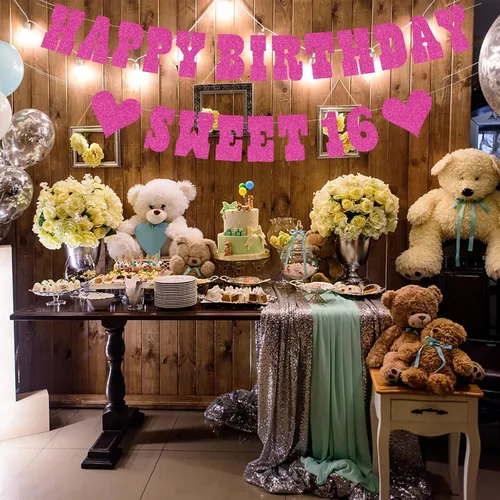 Miniatura 5 de Cartel de feliz cumpleaños, decoraciones de fiesta de cumpleaños de 18 años, con purpurina rosa de dieciocho cumpleaños, para fiesta de cumpleaños