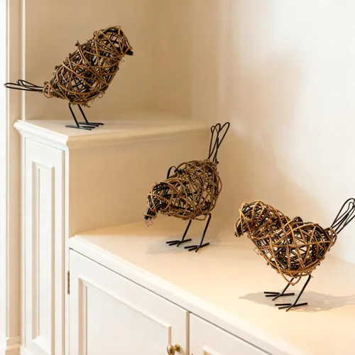 Miniatura 2 de Juego de Decoración de Granja de 3 Estatuas de Pájaros - Adorno Navideño - Figuras de Pájaros de Ratán Natural Tejidas a Mano para Decoración