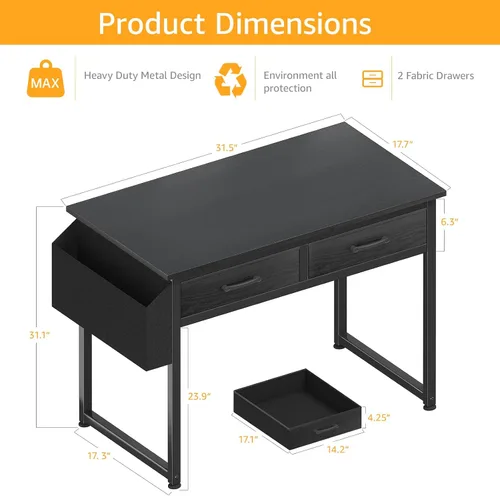 Miniatura 3 de DLisiting - Escritorio pequeño con cajones de tela para dormitorio, escritorio de 32 pulgadas para juegos con 2 cajones para espacios pequeños, mesa