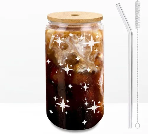 Miniatura 12 de Vasos de vidrio con tapas y pajitas, 1 paquete, tazas de café de vidrio, taza de vidrio con tapa para café helado, batido, cóctel, cerveza, whisky