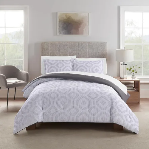 SERTA Simply Clean Skyler - Juego de edredón geométrico suave y moderno de 2 piezas con funda de almohada para todas las estaciones, tamaño Gris
