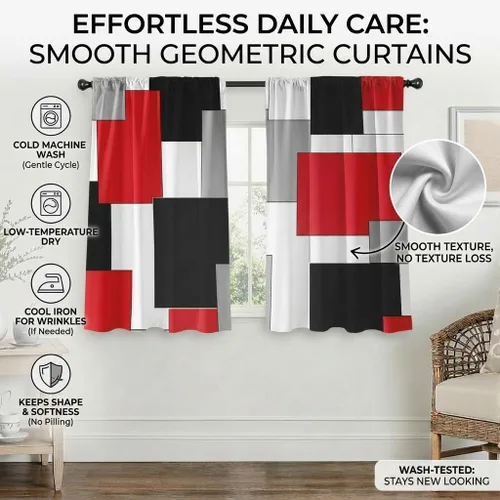 Miniatura 2 de Cortinas negras y rojas para sala de estar, 63 pulgadas de largo, cortinas geométricas modernas, blancas y grises, cortinas abstractas con bolsillo