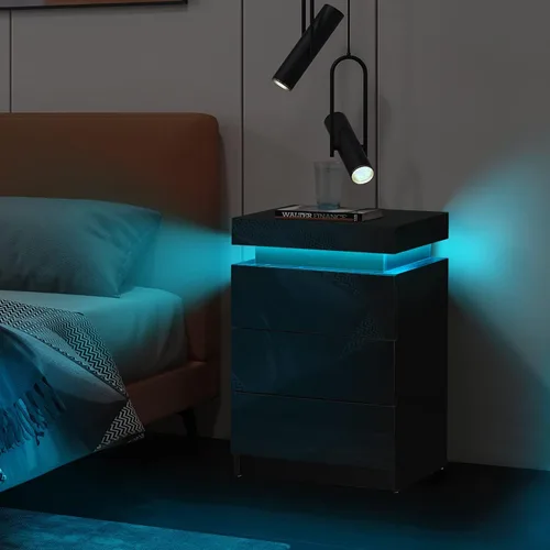 Miniatura 8 de TUKAILAi Mesita de noche con luz LED, moderna mesita de noche negra con tapa abatible, mesita de noche pequeña con 3 cajones de madera, mesa