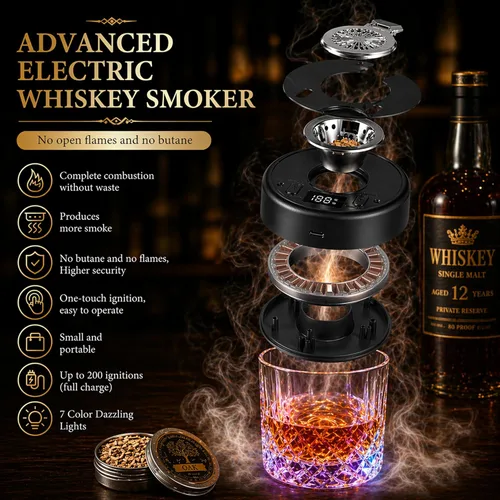 Miniatura 3 de Kit de ahumador de whisky eléctrico, regalo de whisky para el día del padre, sin antorcha recargable, portátil, ahumador de cóctel con 7 luces