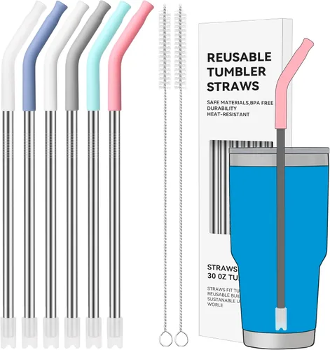 Miniatura 11 de Pajitas de Metal Rectas de 40 oz para Vaso Stanley de 40 oz, 6 Piezas Pajitas de Metal Reutilizables de Acero Inoxidable para Beber con Puntas de 2