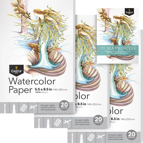 Castle Art Supplies Papel de acuarela para bocetos de 5 x 8 pulgadas, paquete de 3, 20 hojas cada una, robusto y resistente (300 gsm/140 libras)