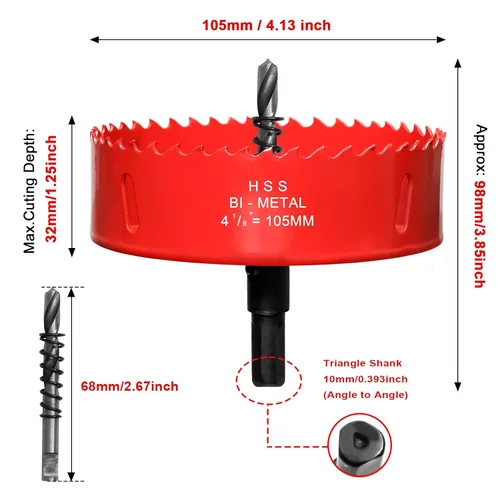 Miniatura 2 de Sierra de agujero de 4 1/8” (105mm) para madera y plástico, broca de corte de núcleo de sierra de agujero HSS bimetálica para paneles de yeso, Rojo
