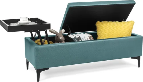 Miniatura 4 de Joveco Mesa auxiliar rectangular con bandeja elevadora, banco otomano de almacenamiento con patas de metal, banco tapizado en el extremo de la cama