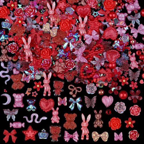 Miniatura 9 de Lindos dijes para uñas 3D, 100 piezas de conejo mariposa flor lazo, dijes de arte para uñas mixtos de diamantes de imitación de uñas con parte Rosa