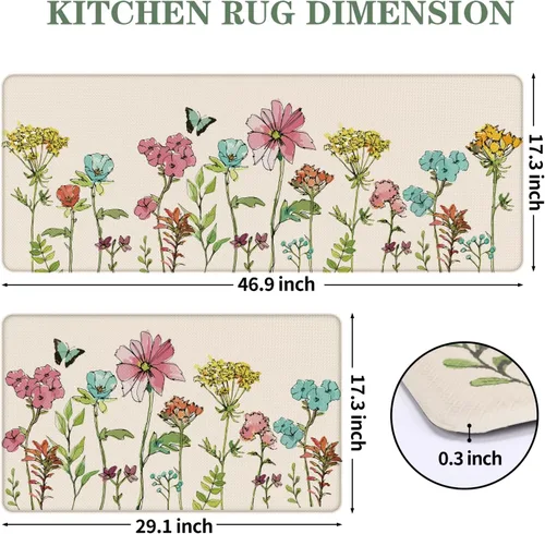 Miniatura 3 de Tapetes de cocina para piso, 2 piezas, color crema, flores coloridas, mariposas, tapetes de cocina para frente del fregadero, alfombras de cocina