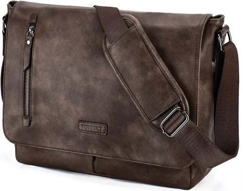 Miniatura 7 de VX VONXURY Bolsa de mensajero para hombre, piel sintética de 14 pulgadas, maletín para laptop para trabajo y escuela, café, Piel sintética negra