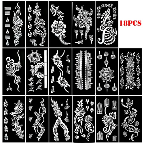 Miniatura 4 de Plantillas de tatuaje de henna de 18 hojas para manos, plantillas temporales de tatuaje con purpurina, kit de calcomanías de tatuaje de henna india