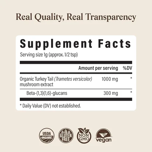 Miniatura 9 de Real Mushrooms Polvo de hongo de cola de pavo – Extracto orgánico de cola de pavo – para bienestar, armonía intestinal y apoyo energético – Vegano