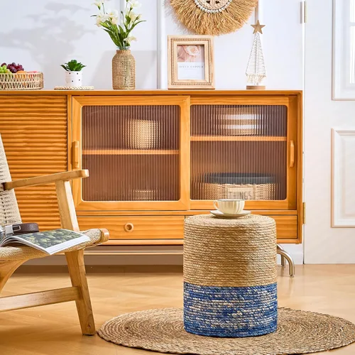 Miniatura 4 de Wimarsbon Taburete Natural de Sereno Marino, Otomana Redonda Tejida a Mano, para Sala de Estar, Asiento para Exterior (Natural y Azul)