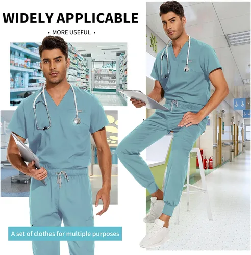 Miniatura 5 de VIAOLI Conjunto de ropa quirúrgica para hombre con cuello en V y pantalón deportivo, 8 bolsillos con botones de carga, conjuntos de liquidación