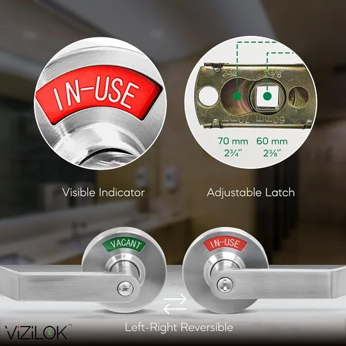 Miniatura 3 de VIZILOK Cerradura de puerta comercial para privacidad del baño, seguridad, cerradura indicadora estándar en cromo satinado, grado ANSi 2, perfecta